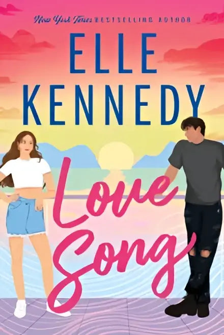 De voorkant van het boek love song toont de titel in roze cursief met de auteur elle kennedy in blauwe tekst op een oranje-paarse achtergrond