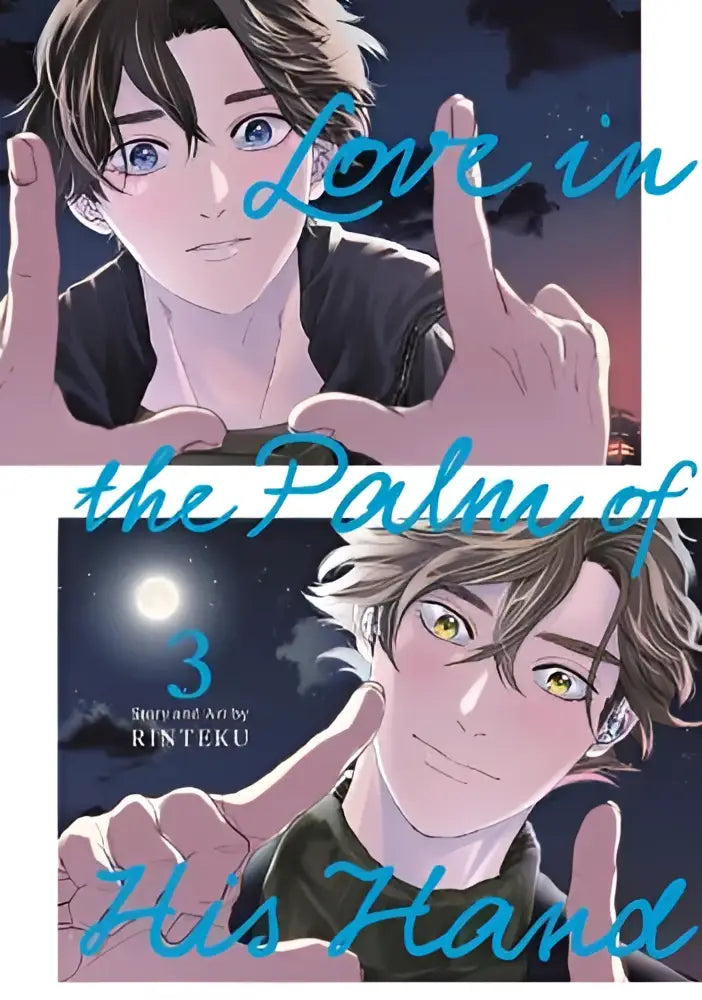 De cover van manga love in the palm of his hand volume 3 met twee mannelijke personages en een hartvormige hand tegen een donkere lucht