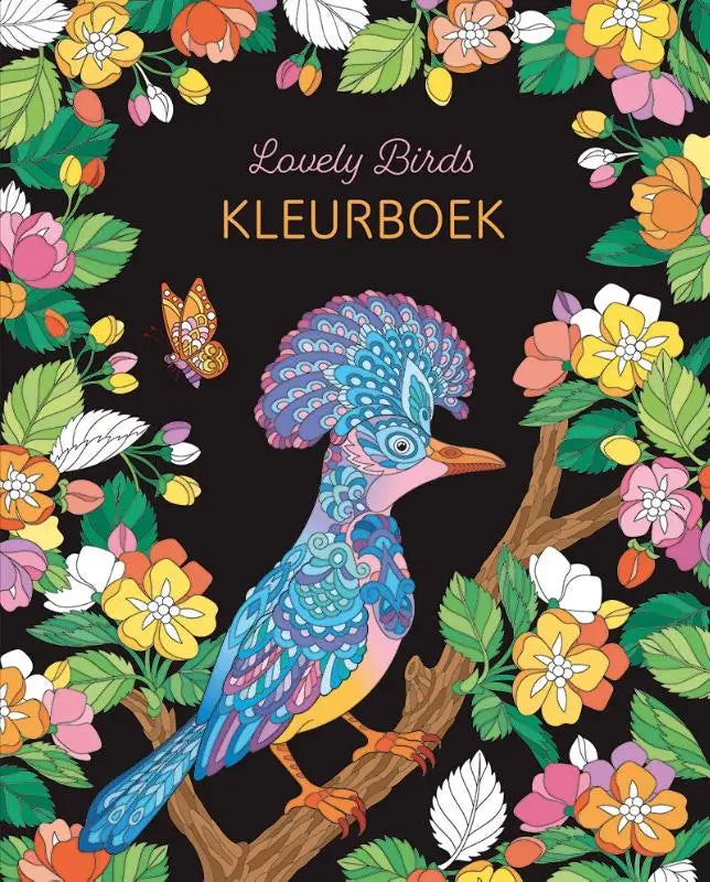 Een levendige blauw-roze vogel met ingewikkeld patroon op een tak uit het lovely birds kleurboek