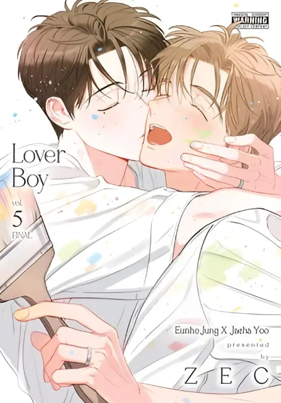 De cover van de manga lover boy volume 5 toont twee personages in een zachte pastelkleuren omhelzing