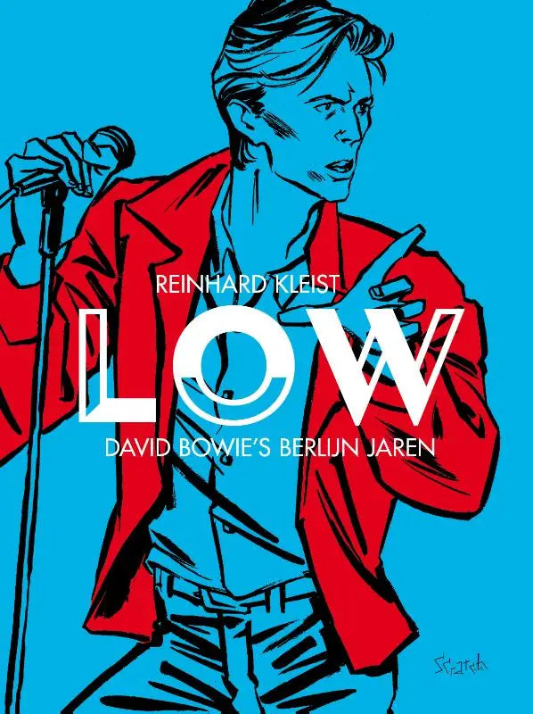 Illustratie van david bowie in rode jas op de cover van low david bowies berlijn jaren door reinhard kleist