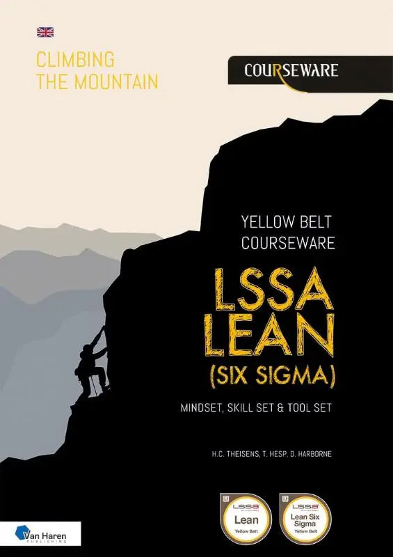 Gele belt courseware boek lssa lean six sigma met goudkleurige letters op zwarte bergsilhouet achtergrond