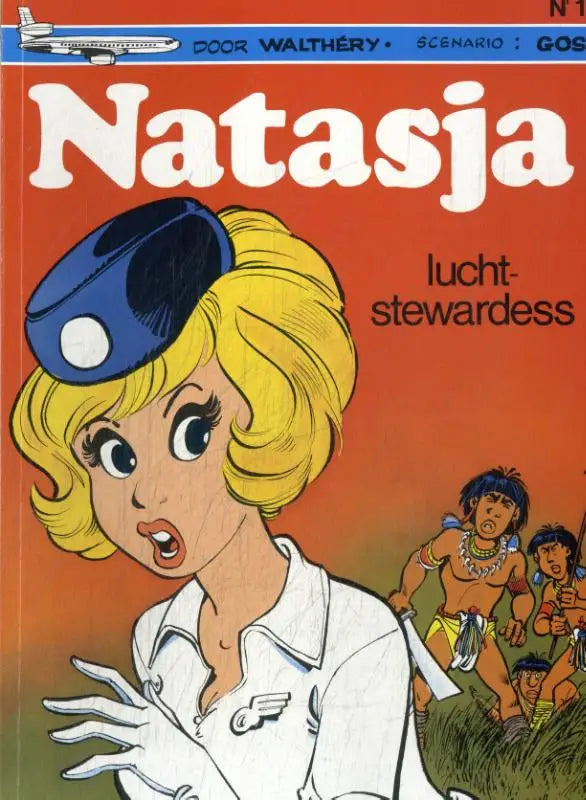 De cover van het strips algemeen comicboek natasja toont een blonde vrouw in wit uniform en blauwe pet als luchtstewardess