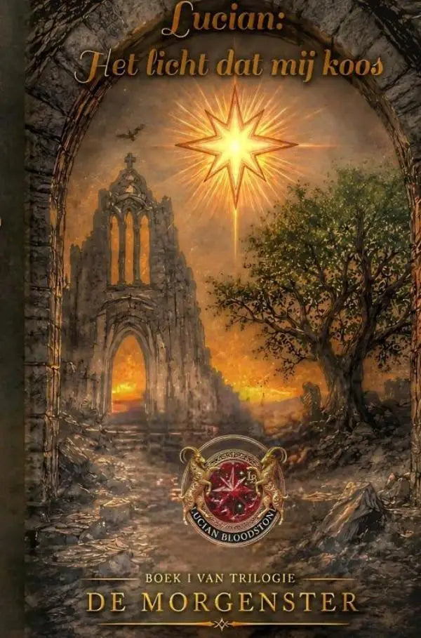 De boekcover van lucian het licht dat mij koos toont een stenen boog bij een stralende ster met titel en auteur
