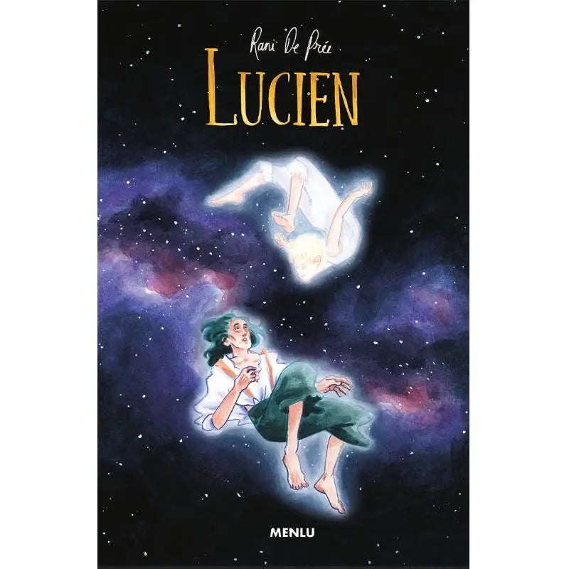 De omslag van de graphic novel lucien door rani de pré toont twee figuren zwevend in een sterrenhemel