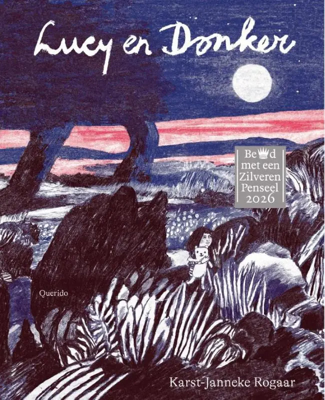 De omslag van het geïllustreerde boek lucy en donker door karst-janneke rogaar met zebrafiguren onder volle maan voor jonge lezers
