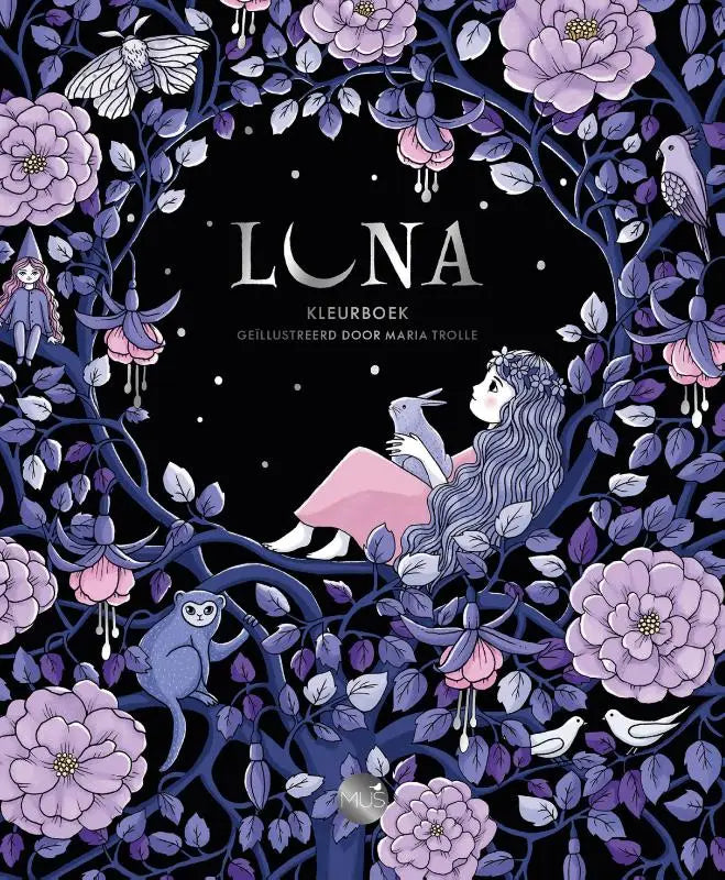 Luna kleurboek met gedetailleerde paarse en roze bloemillustraties rond een centraal meisje in een roze jurk