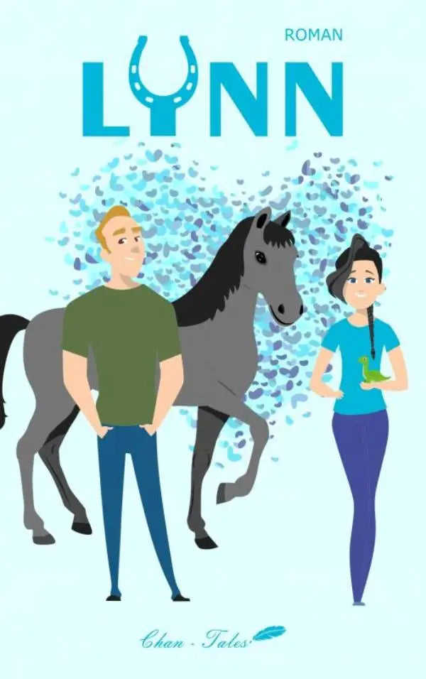 Blauwe geïllustreerde boekcover van lynn met cartoonfiguren en een paard voor kinderboek