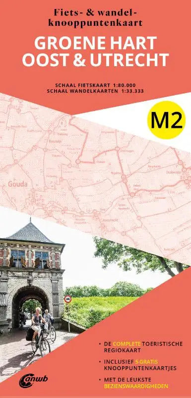Orange en witte wandel- en fietskaart van groene hart regio oost en utrecht met topografische kaarten en gele m2 logo