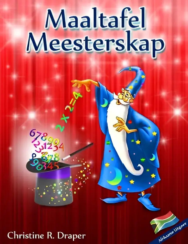 Een blauwe tovenaar in een sterrendoek voert magie uit met zwevende cijfers bij de maaltafel meesterskap