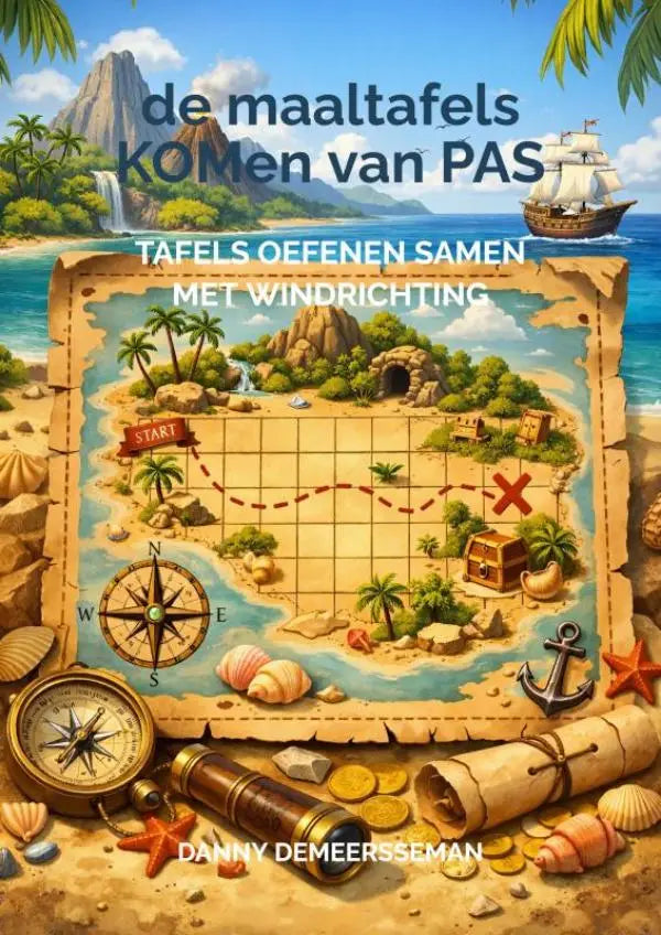Kleurrijke geïllustreerde educatieve kinderboek cover met een schatkaart voor tafels oefenen met maaltafels komen en windrichting