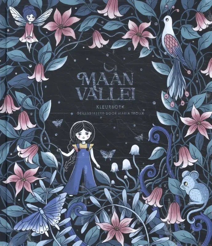 Donkerblauw kleurboek maanvallei met centrale meisje en bloemen geïllustreerd door maria trolle