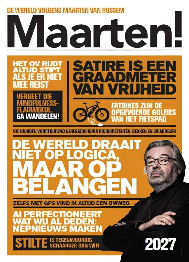 De cover van maarten scheurkalender 2027 toont een zwart-witfoto van maarten van rossem met gevouwen armen en bril