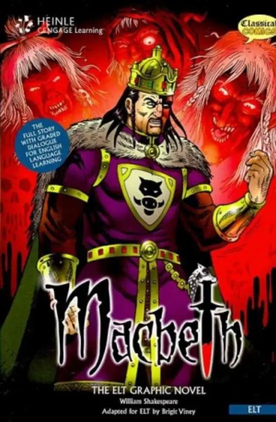 Purple en gouden gewapende koning op cover van macbeth graphic novel boek met bijbehorende audio-cd