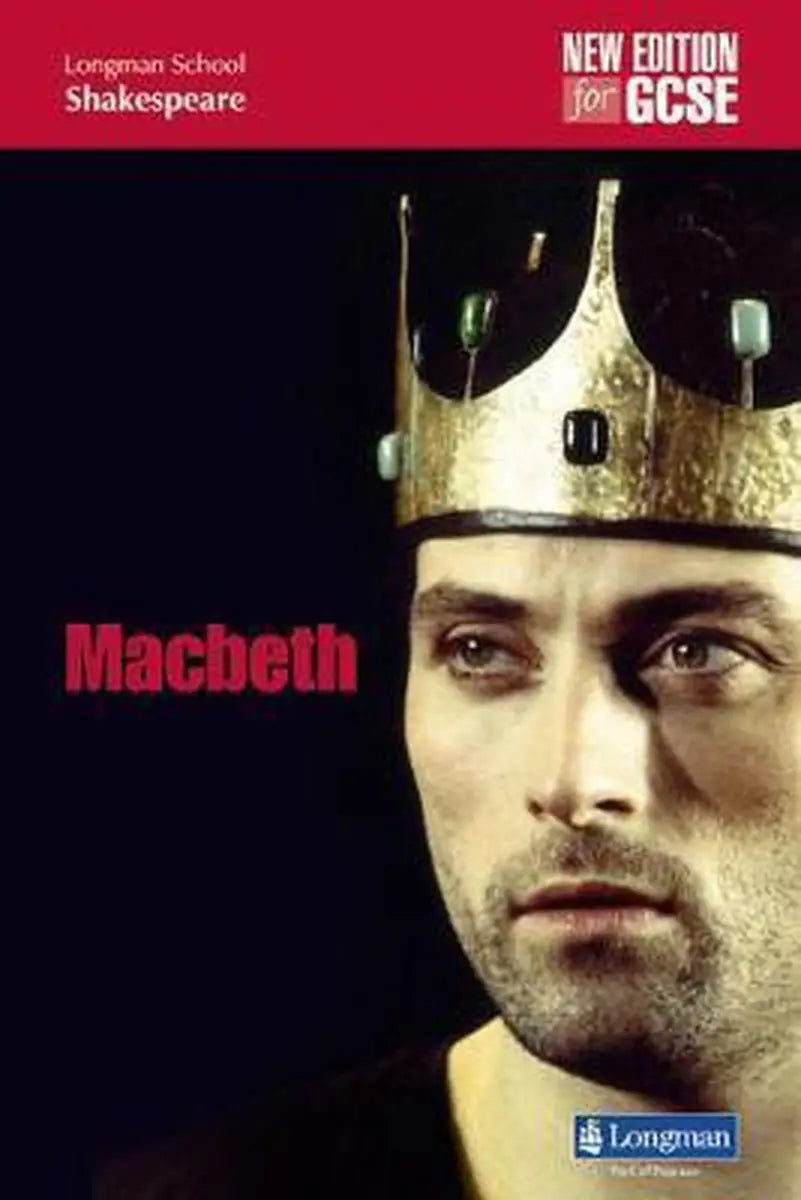 Gold-colored crown with black inlays and green gemstones worn by a man on the cover of longmans Macbeth GCSE textbook