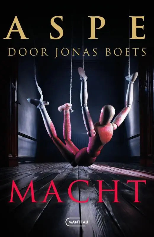 Een rode en zilveren houten pop met scharnieren opgehangen aan draden in een donkere sfeer voor spannend boektitels van jonas boets
