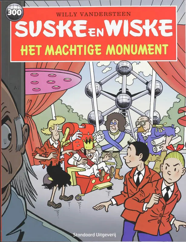 De cover van het suske en wiske stripboek het machtige monument toont kleurrijke personages en een zilver metallic monument
