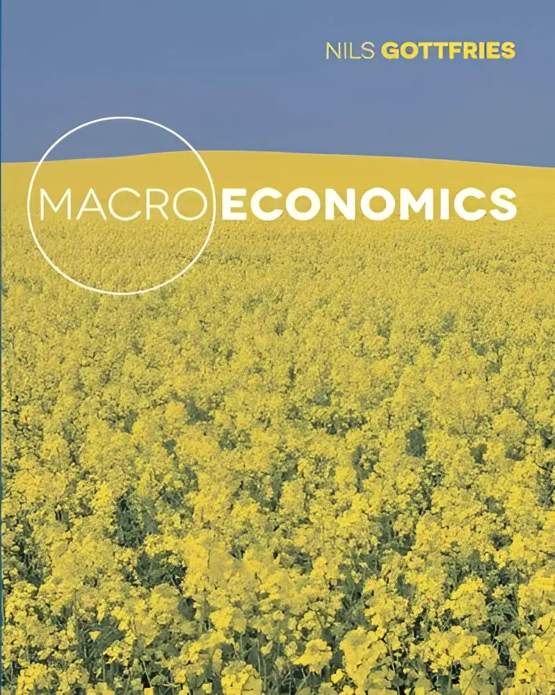 De macroeconomics boekcover toont een gele bloemenveld onder een blauwe lucht met titel en auteur voor policy analysis