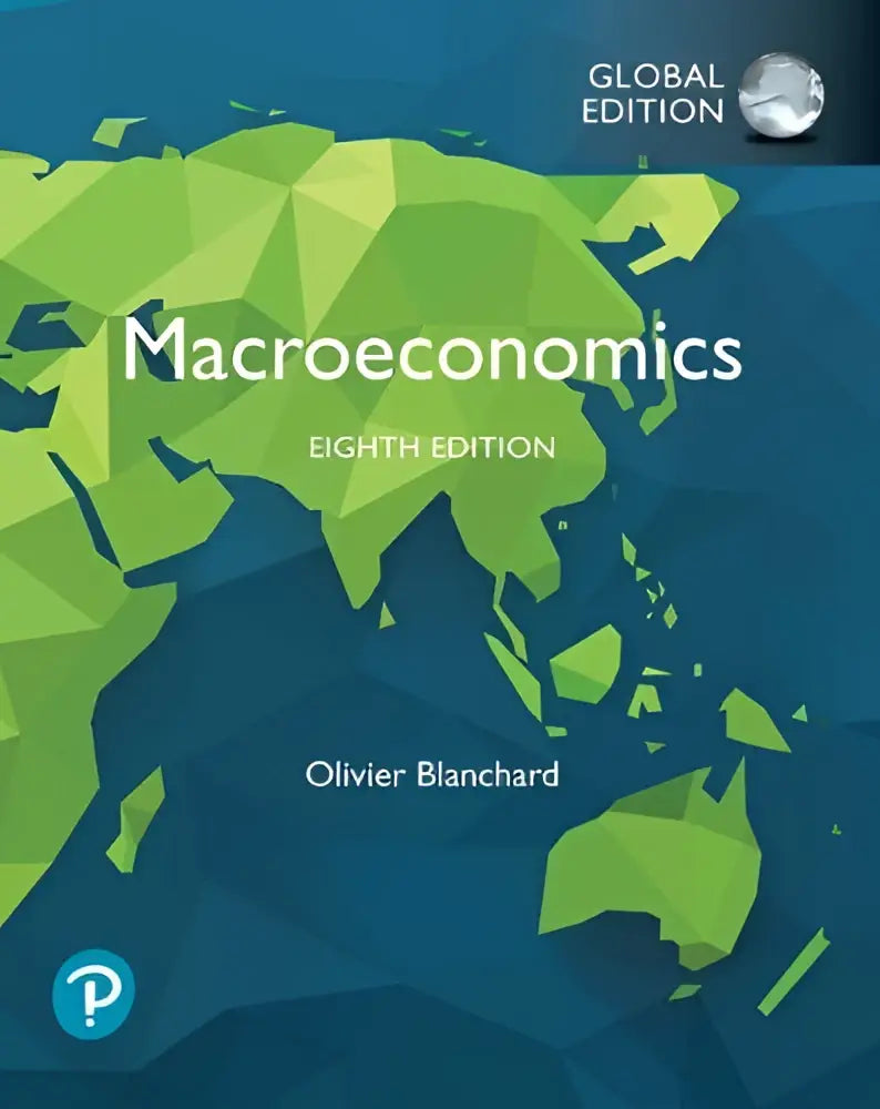 De boekcover van macroeconomics global edition toont een gestileerde geometrische wereldkaart in groene en blauwe tinten