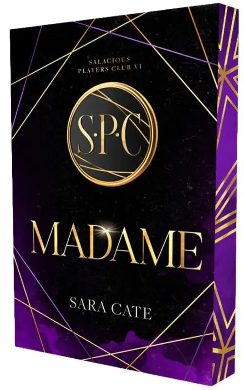 Paars en zwart boekomslag met gouden geometrische accenten en de titel madame van sara cate voor een nederlandstalige steamy dark romance