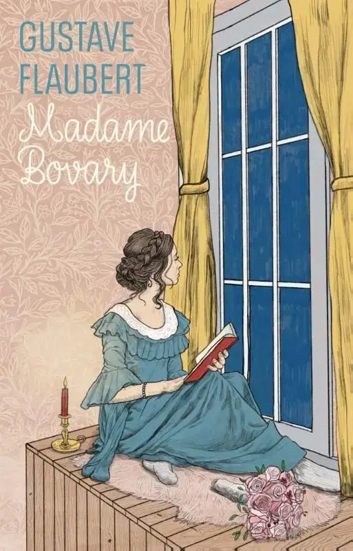 Een vrouw in een teal jurk met wit kanten randje zit bij een raam en houdt een open rood boek over madame bovary vast