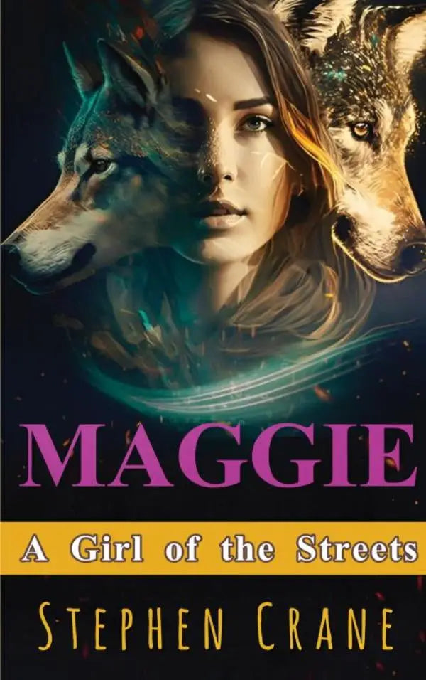 De cover van het boek Maggie toont een vrouw met lang bruin haar en gloeiende ogen, met twee wolven voor de straten