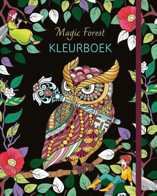 Vibrante, gedetailleerde uil met goud- en kastanjebruine veren op tak in het magic forest kleurboek
