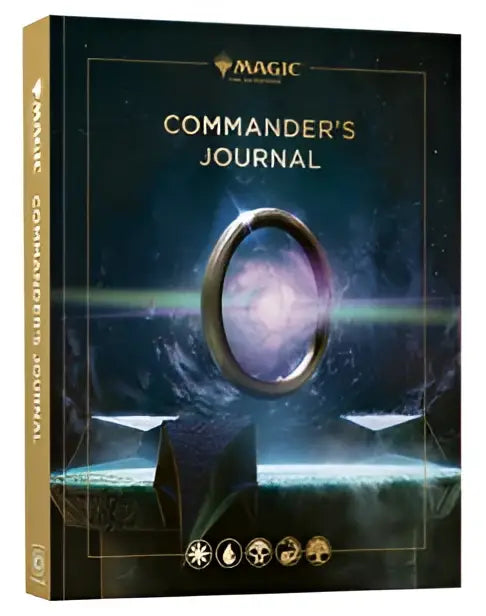 The gathering commander’s journal is a sleek hardcover magic the gathering book with a dark blue and black oval portal cover