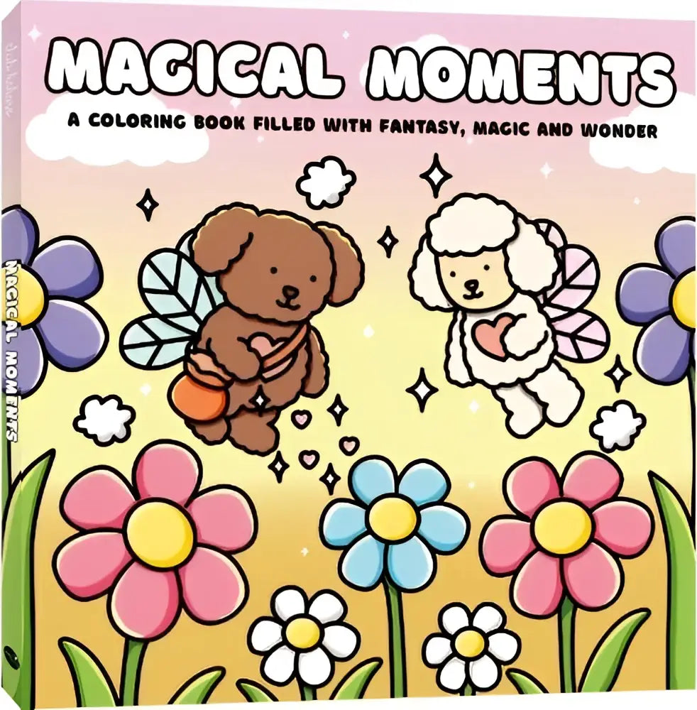 Magical moments kleurboek met betoverende cartoonhonden met vleugels en harten op een levendige bloemenachtergrond