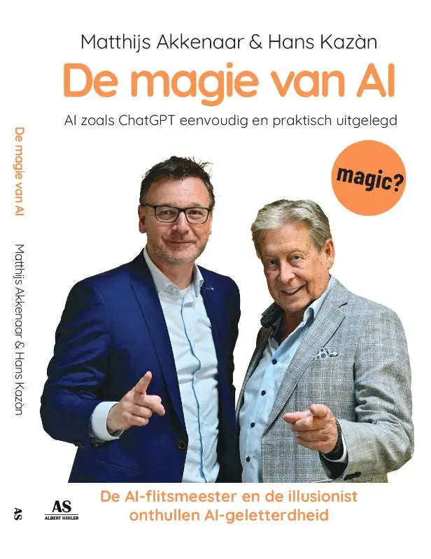 De cover van het boek de magie van ai toont een witte achtergrond met oranje titel en twee mannen die elkaar wijzen praktisch uitgelegd chatgpt eenvoudig