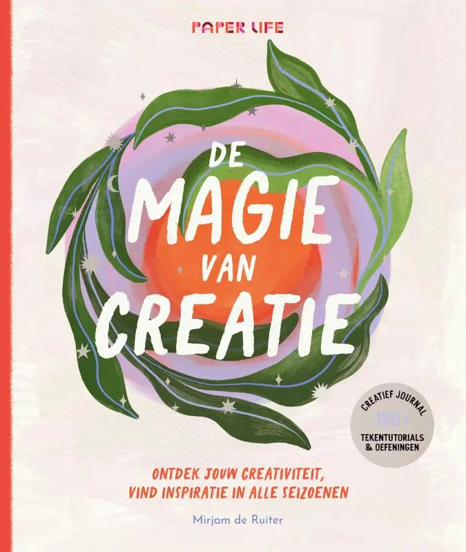 Een levendige geïllustreerde boekcover van de magie van creatie met vind inspiratie thema en groene bladeren