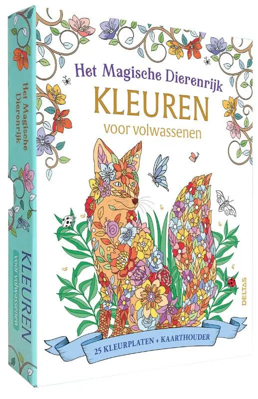 Een kleurrijk volwassen kleurboek met een bloemrijke vosillustratie getiteld het magische dierenrijk kleuren voor volwassenen