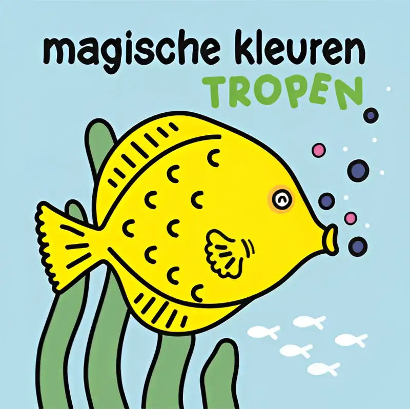Een magische kleuren tropische vis van veilig materiaal met zwart patroon zwemmend tussen groene zeewier