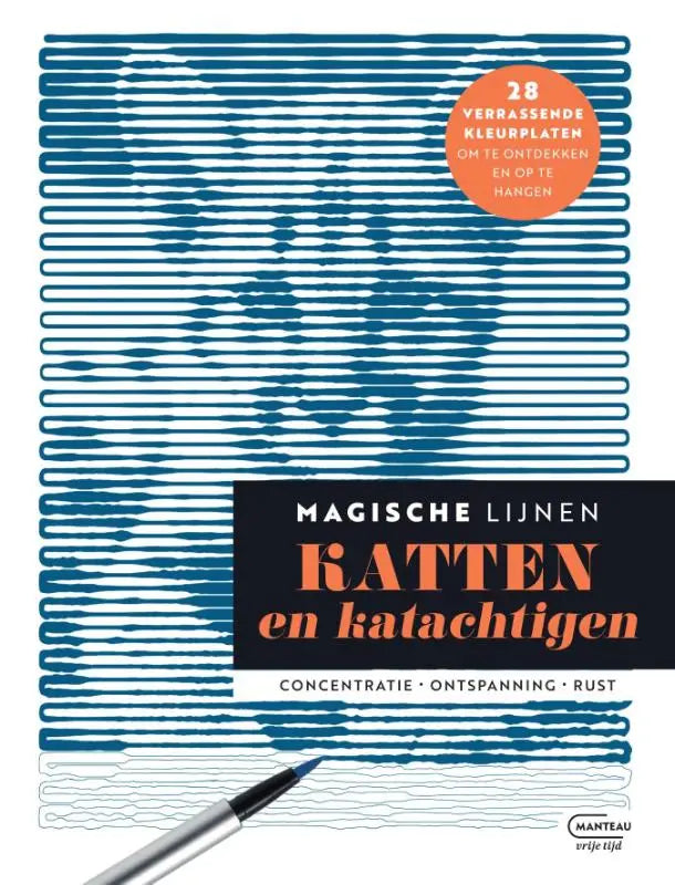 Blauw-witte lijntekening boekcover van magische lijnen katten en katachtigen met oranje badge 28 verrassingskleurplaten