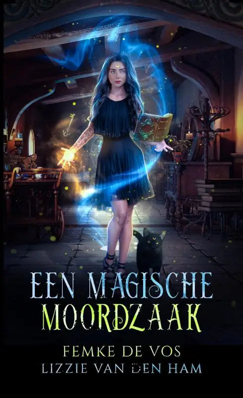 Een donkerblauwe, met franjes versierde jurk gedragen door een heksachtig figuur in een magische moordzaak setting
