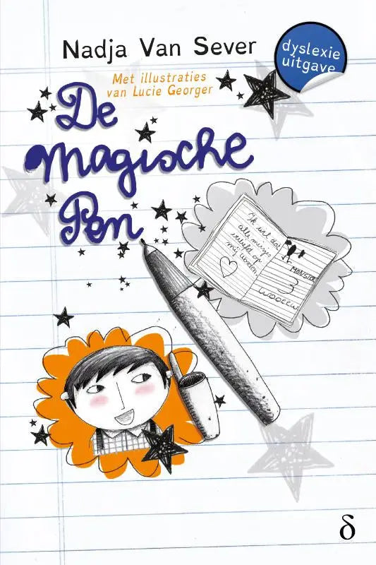 De cover van het kinderboek de magische pen door nadja van sever met een oranjeharig kind en potlood op lijntjespapier