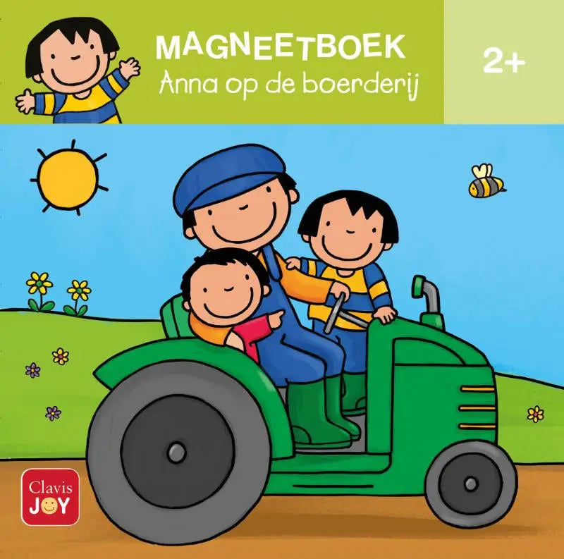 Groen magneetboek anna met cartoonillustratie van drie kinderen op een tractor onder een zonnige hemel van kathleen amant clavis bvba