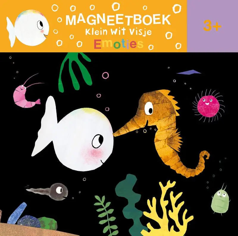 Kleurig magnetisch klein wit visje boek met witte vis en oranje zeepaardje voor jonge kinderen