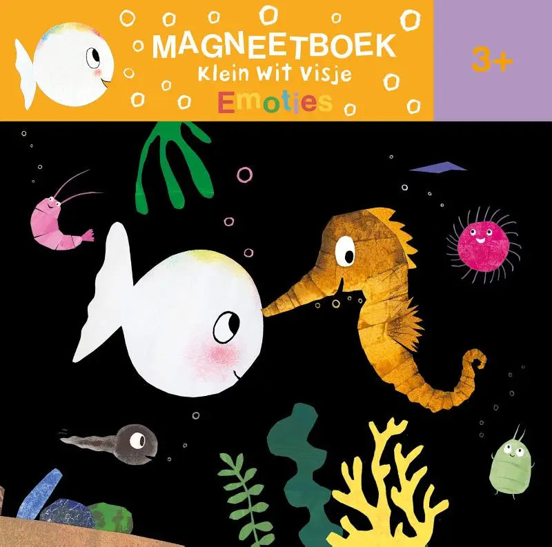 A charmantly illustrated magnet book klein wit visje emoties featuring a white fish and orange seahorse