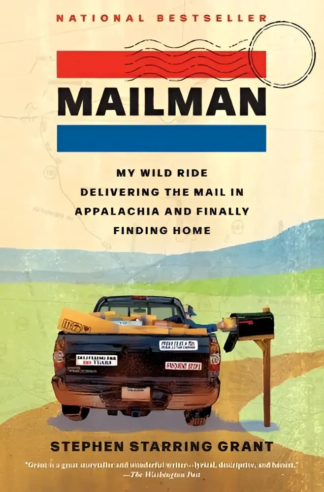 De cover van het nationale bestsellerboek mailman toont een vintage illustratie met een oranje pickup en gele posttas tijdens een wild ride delivering in appalachia