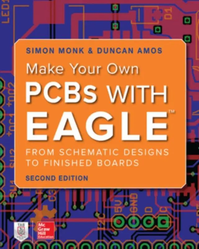 Oranje boekcover met witte tekst make your own pcbs with eagle en blauwe printplaat achtergrond voor pcb ontwerp