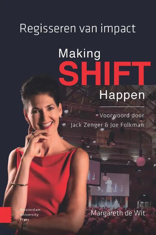 De herziene editie van making shift happen toont een vrouw in een rode jurk in een auditorium op de boekcover
