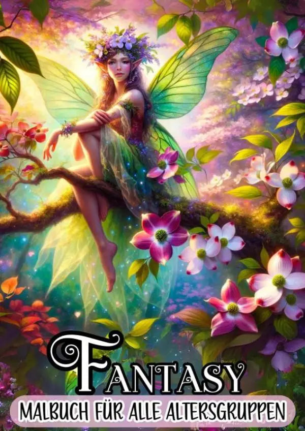 Fantasy malvorlagen für stundenlange entspannung zeigen eine fee mit grünen flügeln auf blühendem ast