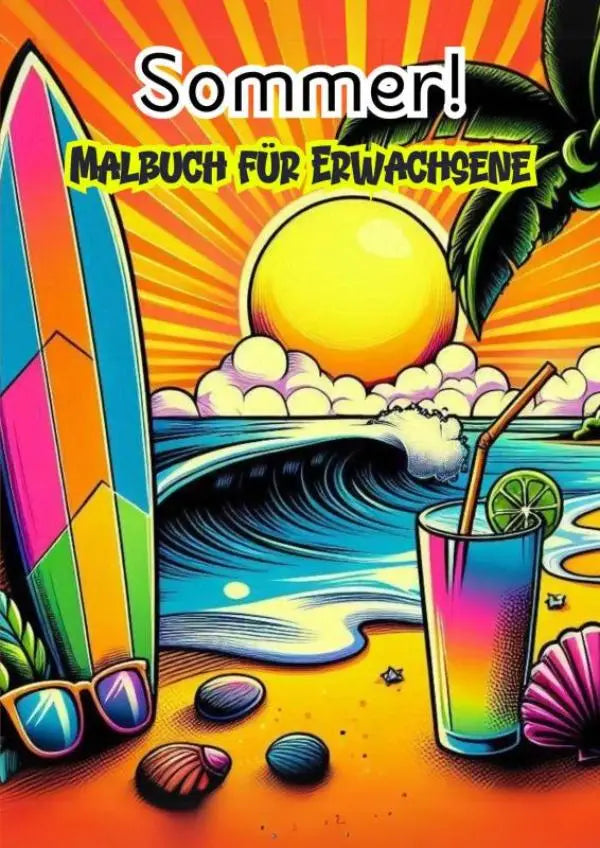 Vibrante regenboogkleurige surfplank met geometrische patronen op tropisch strand voor malbuch für erwachsene sommer