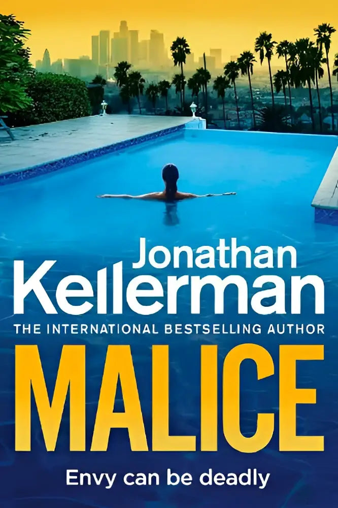 De boekcover van malice door jonathan kellerman toont een levendig geel en blauw ontwerp voor spannende fictie