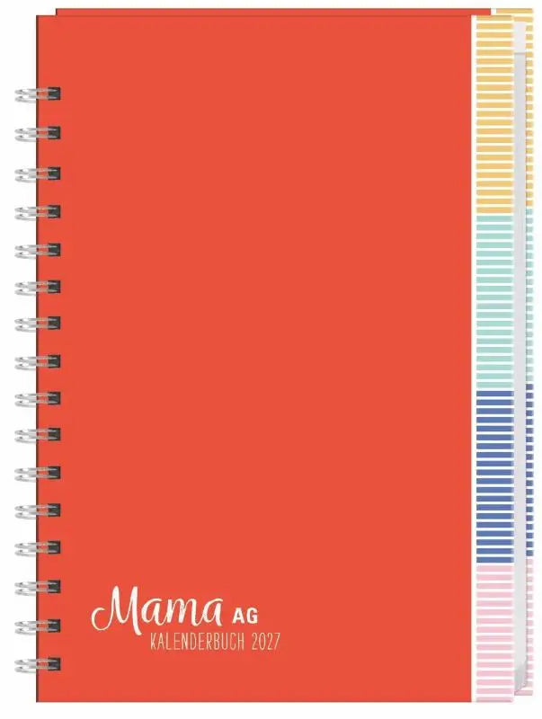 Een rode terminkalender met spiralen en vijf kolommen van mama ag familienplaner buch a5 2027