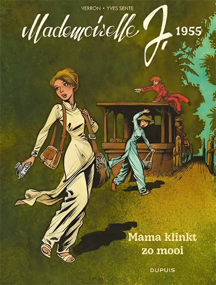 Vintage illustratie voor mama klinkt zo mooi met vrouw in witte kleding en bruine leren satchel met stiksels