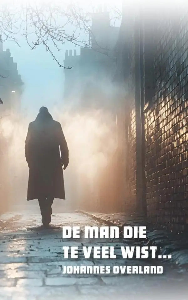 De man die te veel wist toont een eenzame figuur in een lange donkere jas wandelend door een mistige straat met kinderkopjes