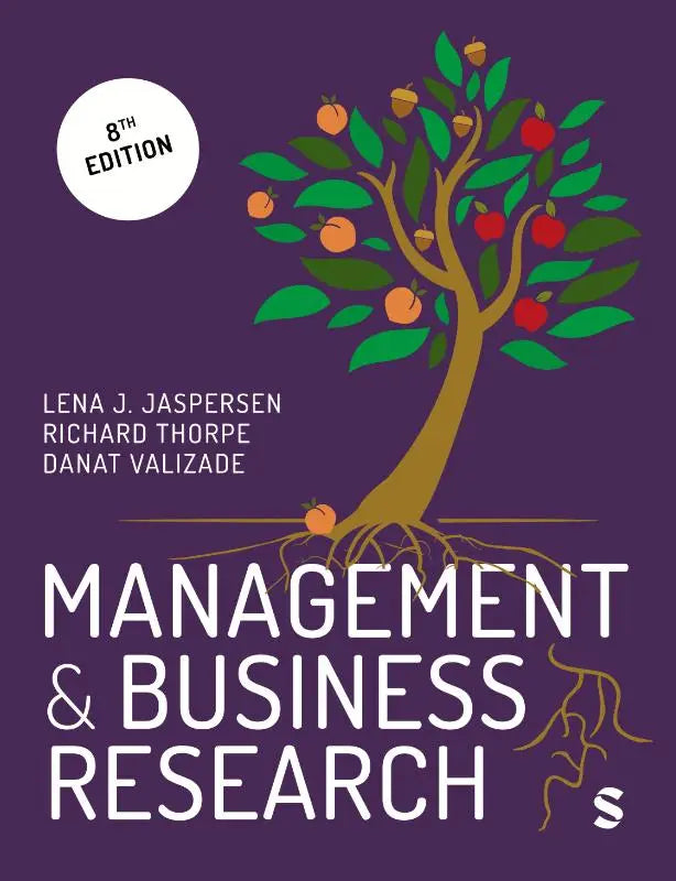 Paars boek met stylized boom en gouden wortels voor management en business research