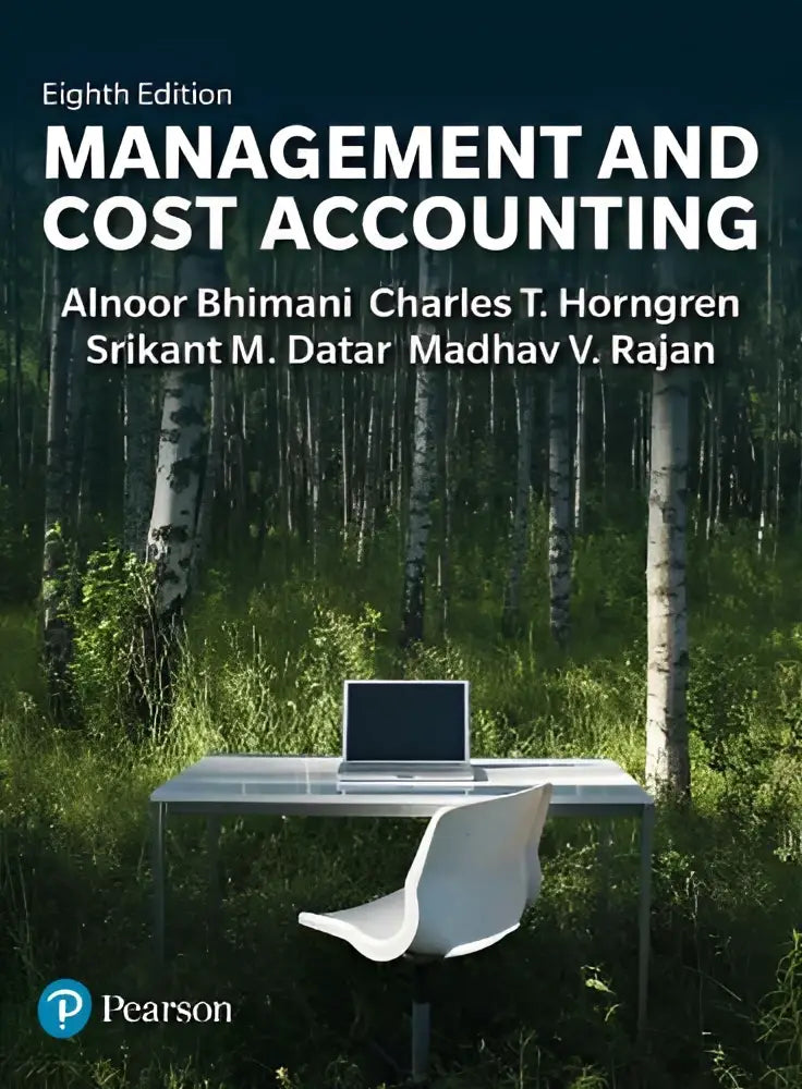 De boekcover van management and cost accounting toont de titel in witte letters met auteursnamen voor een berkenbomenachtergrond
